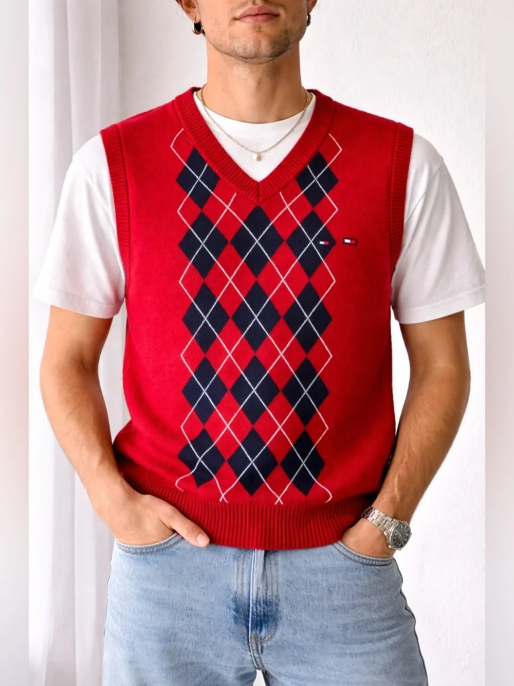 Tommy Hilfiger Red Argyle Sweater Vest Men’s / Women’s Preppy Y2K Oversized 🔥